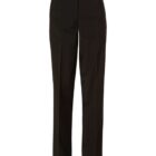 A pair of tailored black dress pants with a button and zipper closure, two front pockets, and a straight leg design. The pants are shown against a plain white background.