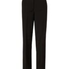 Black tailored dress pants with a button and zip closure. The pants have a straight leg design and belt loops.