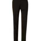 A pair of black dress trousers with a slim, tailored fit, featuring a flat front design and belt loops. The trousers are displayed against a plain white background.