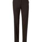 A pair of slim-fit black dress pants with a flat front design and belt loops. They feature a zipper closure and side pockets, providing a sleek and formal appearance.