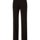 Black dress pants with a tailored fit and straight legs. They feature a waistband with belt loops, designed for a formal or professional setting.