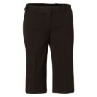A pair of black knee-length tailored shorts with a button and zip closure, belt loops, and a flat front design against a plain white background.