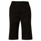 A pair of black, knee-length culotte trousers is displayed against a plain white background. They feature belt loops, a button, and a zip closure, with a tailored fit and straight leg design.