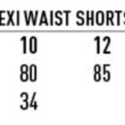 Size chart for ladies poly/viscose shorts, classic fit: Sizes 6-20. Waist in centimeters: 70 (size 6), 75 (8), 80 (10), 85 (12), 90 (14), 95 (16), 100 (18), 105 (20). Inleg measurements: 34 cm (sizes 6-10), 33 cm (size 12), 32 cm (size 14), 31 cm (sizes 16-20).