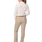 A woman in a white button-up shirt and beige pants stands facing away. Her hair is in a ponytail, and shes wearing black heels. The background is plain white.