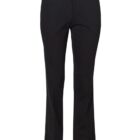A pair of black dress pants with a straight leg and a button closure at the waistband.