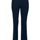 A pair of black, straight-leg pants on a white background. The pants have a button and zipper closure, with belt loops and two side pockets. The fabric appears smooth and slightly fitted.