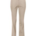 Beige, straight-leg pants with a button and zipper closure at the waist shown against a white background.