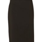 A knee-length black pencil skirt with a slight sheen. The skirt has a fitted waistline, no visible pockets, and a simple, classic design suitable for formal or office wear.