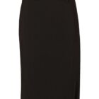 A black pencil skirt with a straight cut, reaching knee-length. It features belt loops at the waist and has a classic, elegant design suitable for formal or professional settings. The fabric appears smooth and slightly textured.