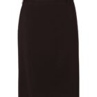 A black knee-length pencil skirt, made of smooth fabric, with a waistband featuring belt loops and a rear zipper closure. The skirt has a classic, tailored design suitable for office or formal wear.