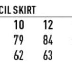 Size chart for a ladies mid-length stretch pencil skirt. Classic fit sizes range from 6 to 24. Waist measurements range from 69 to 114 cm. Outer length measurements are between 60 and 64 cm.