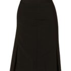 A black, knee-length pencil skirt featuring subtle side pleats. The skirt has a sleek, tailored design with a smooth waistband and a simple, elegant appearance.