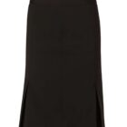 A black knee-length pencil skirt with subtle front pleats. The design is simple and elegant, suitable for formal or business attire.