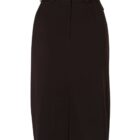 A black pencil skirt with a buttoned waistband and belt loops. The skirt has a tailored fit and a front seam detail, presenting a classic and professional appearance, suitable for formal or business wear.