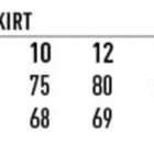A size chart for a ladies twill stretch utility skirt. Sizes range from 6 to 24. Waist measurements range from 65 to 110, and outer length measurements range from 66 to 70.