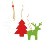 Three felt Christmas ornaments: a white snowflake, a red Christmas tree, and a green reindeer. Each ornament has a tan string for hanging.