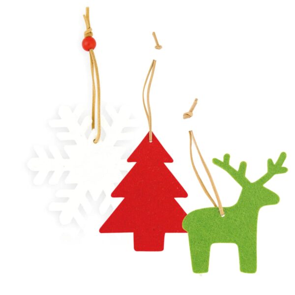Three felt ornaments against a white background: a white snowflake, a red Christmas tree, and a green reindeer. Each has a brown string attached for hanging.