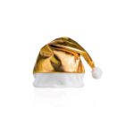 A shiny gold Santa hat with a white trim and a white pom-pom at the tip, set against a plain white background.