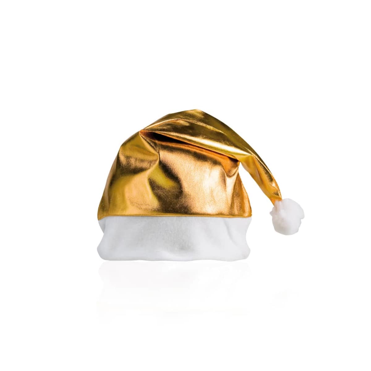 A shiny gold Santa hat with a white trim and a white pom-pom at the tip, set against a plain white background.