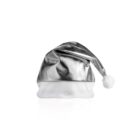 A shiny silver Santa hat with a white trim and a fluffy white pom-pom on the tip, isolated on a white background.