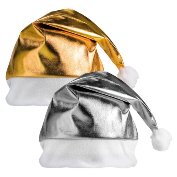 Two Santa hats, one metallic gold and the other metallic silver, both with white fluffy brims and pom-poms on the tips, are positioned side by side on a white background.