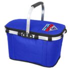A blue insulated picnic basket with a metal handle and black zipper. The basket features a PEZCO logo on top.