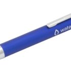 A blue and silver ballpoint pen with the words water agency printed on its side, featuring a silver clip and tip.