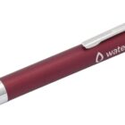 A red pen with shiny silver accents and a pocket clip. The pen features the text water agency with a water droplet logo printed in white on the barrel.