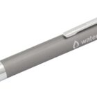 A silver and gray ballpoint pen with a smooth metallic finish. The pen has a clip and the logo water agency printed on the barrel.