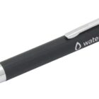 A black pen with silver accents and a clip, branded with the text water agency and a water drop logo.