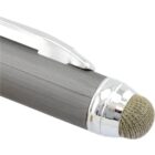 Close-up of a stylus pen with a shiny silver clip and tip, featuring a soft mesh end for touchscreen use. The pens body is metallic with a brushed texture.