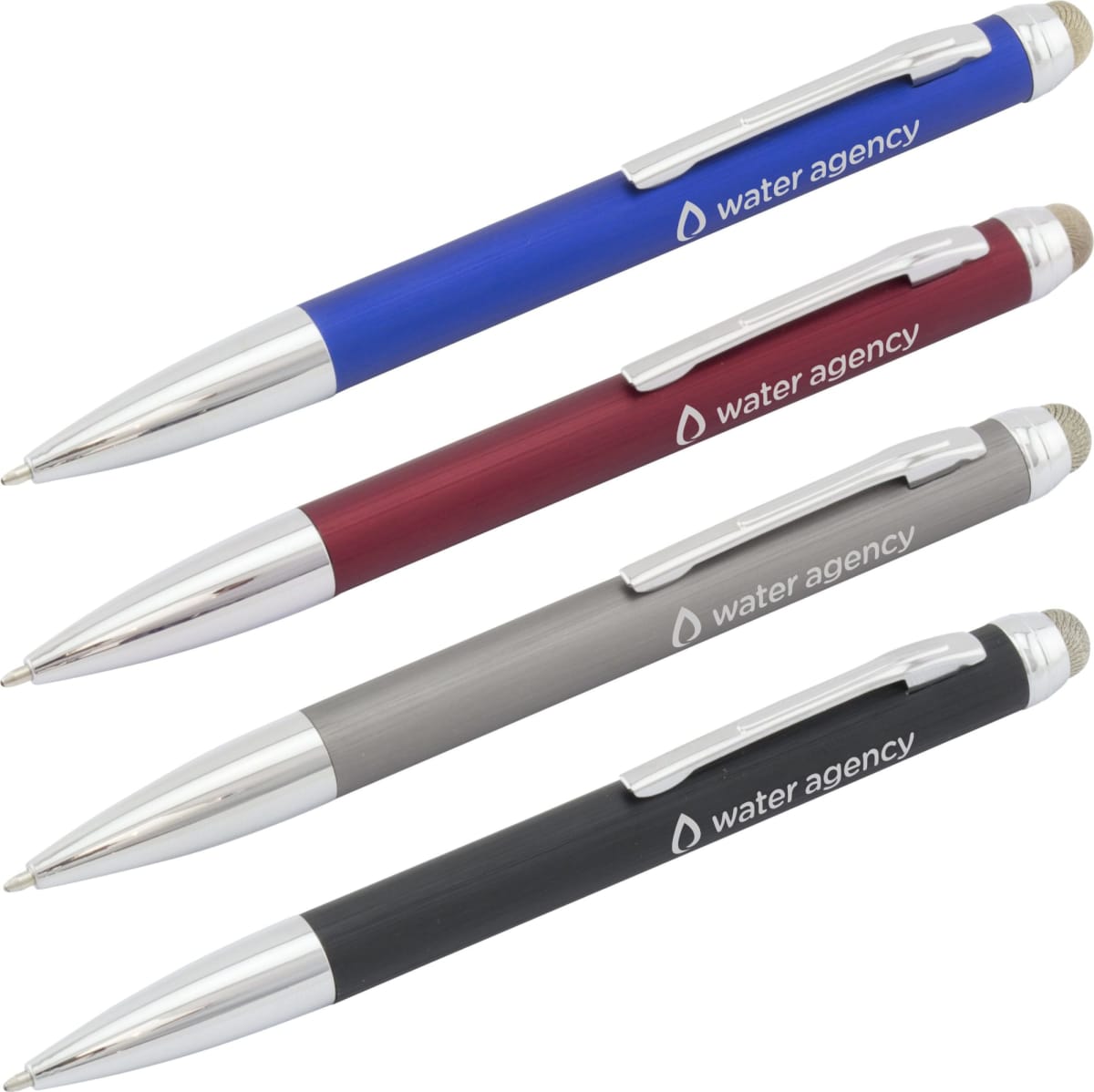 Four ballpoint pens with silver clips and tips are arranged diagonally. The pens are blue, red, gray, and black, each with water agency printed on the barrel.