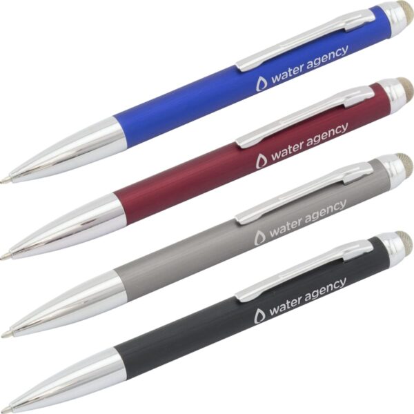 A set of four ballpoint pens in blue, red, gray, and black, each engraved with the text water agency and a water droplet logo. The pens have a silver clip and tip.
