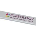 A gray strip with Pureology serious colour care printed on it, featuring a multicolored logo. Theres a small sliding card on one end with numbers listed, resembling a hair color chart.