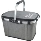 A gray insulated picnic basket with a sturdy metal handle and a cover labeled Easy Travel Company. The design is modern and portable, ideal for carrying food and drinks.