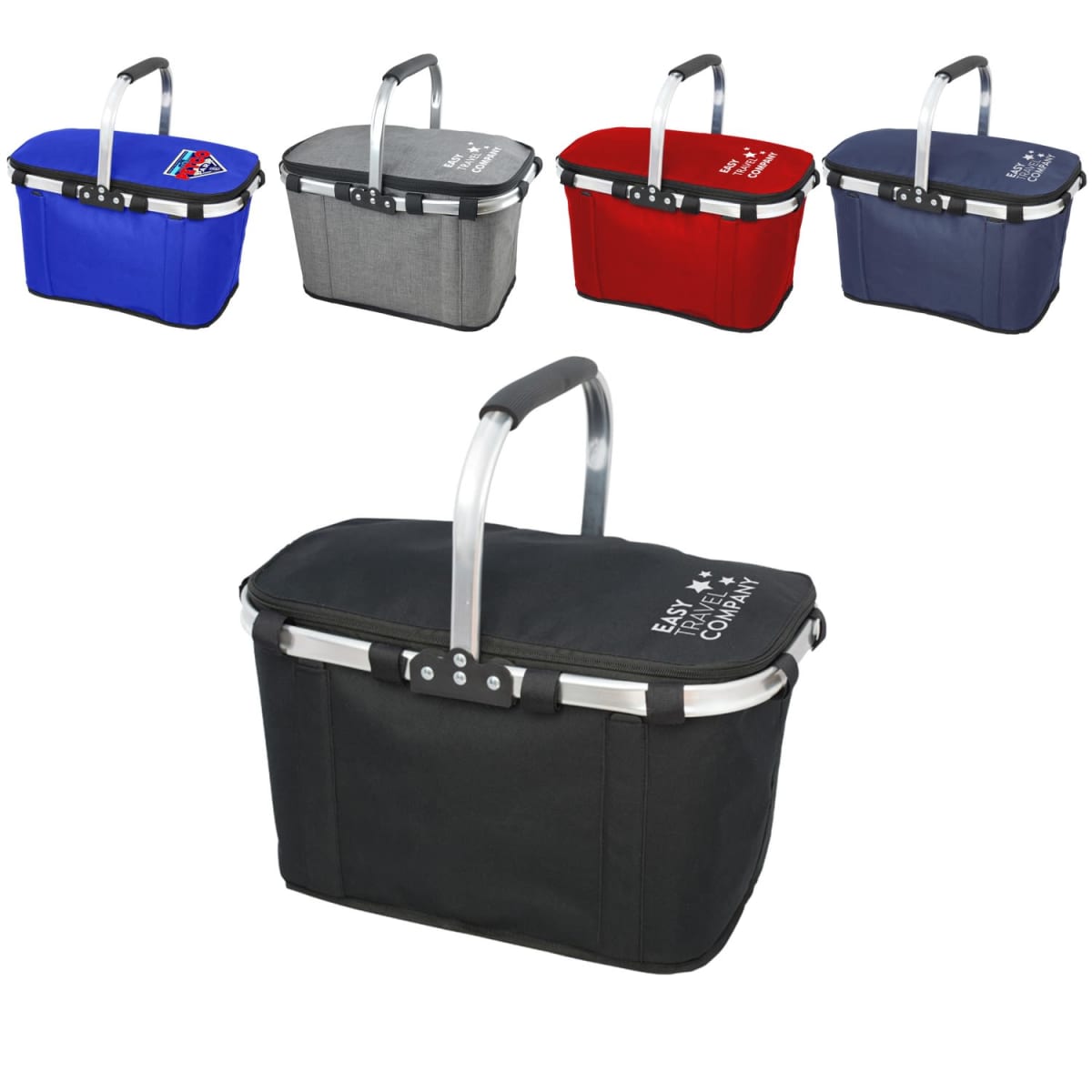Five insulated picnic baskets with aluminum handles in black, blue, gray, red, and navy. The black basket is in the foreground, with the others arranged in a line behind it. Each basket has a zippered lid.