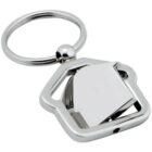 A silver metal keychain in the shape of a house with an attached keyring. The house has a rotating interior square component, giving it a sleek and modern design.