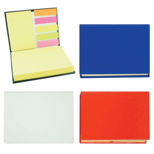 Four closed notebooks in white, red, and blue, with one open green notebook displaying colored sticky notes and yellow note paper inside.