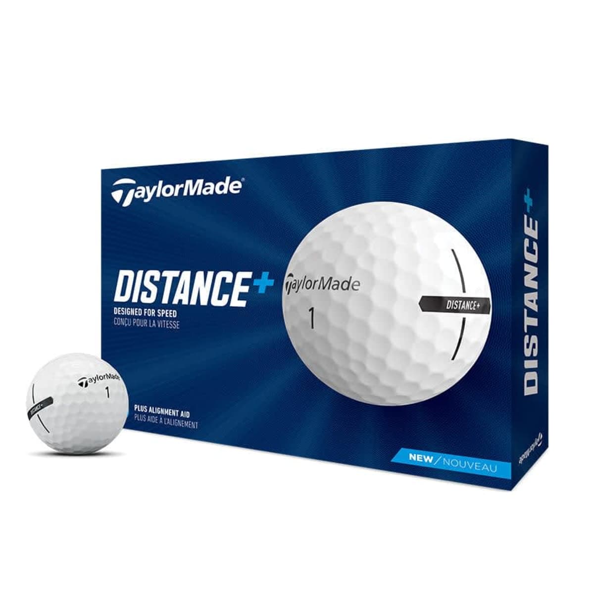 A box of TaylorMade Distance+ golf balls with a single golf ball next to it. The packaging emphasizes speed and alignment features. The design is primarily blue and white with the TaylorMade logo on the box and ball.