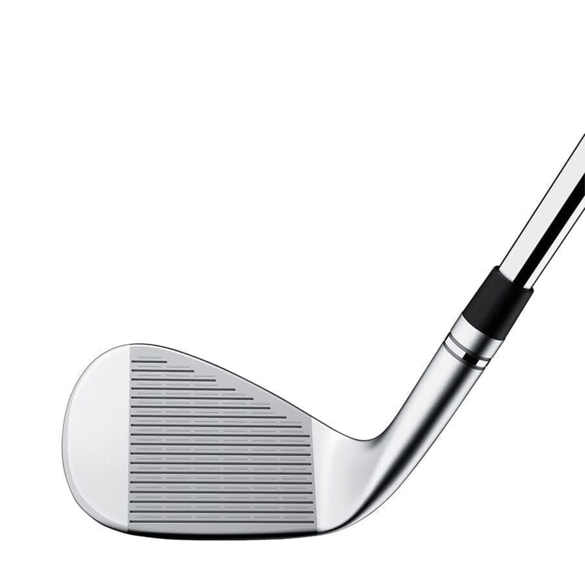 Close-up of a silver golf club iron with a grooved face and black accents on the hosel and shaft. The club is angled to the right, showing a modern, sleek design against a white background.