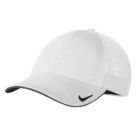 White Nike Dri-FIT Mesh Back cap with black logo on visor edge.