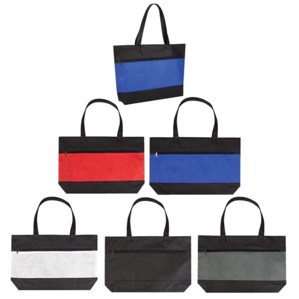 A collection of five tote bags, each with a black top and bottom section. The middle sections are colored in blue, red, blue, white, and gray. Each bag has two black handles and a front zippered pocket.