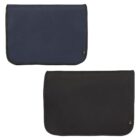 Two laptop sleeves are displayed. The top sleeve is dark blue, and the bottom one is black. Both have rounded edges and a small tag with a recycling symbol in the bottom corner. The background is plain white.