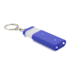 A blue rectangular keychain flashlight with two LED lights at the end. It is attached to a silver keyring. The flashlight has a white translucent section near the top.