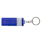 A blue and white rectangular flashlight keychain with a metallic ring attached on the right side. The blue section has two screws visible, and the keychain has a short chain link.