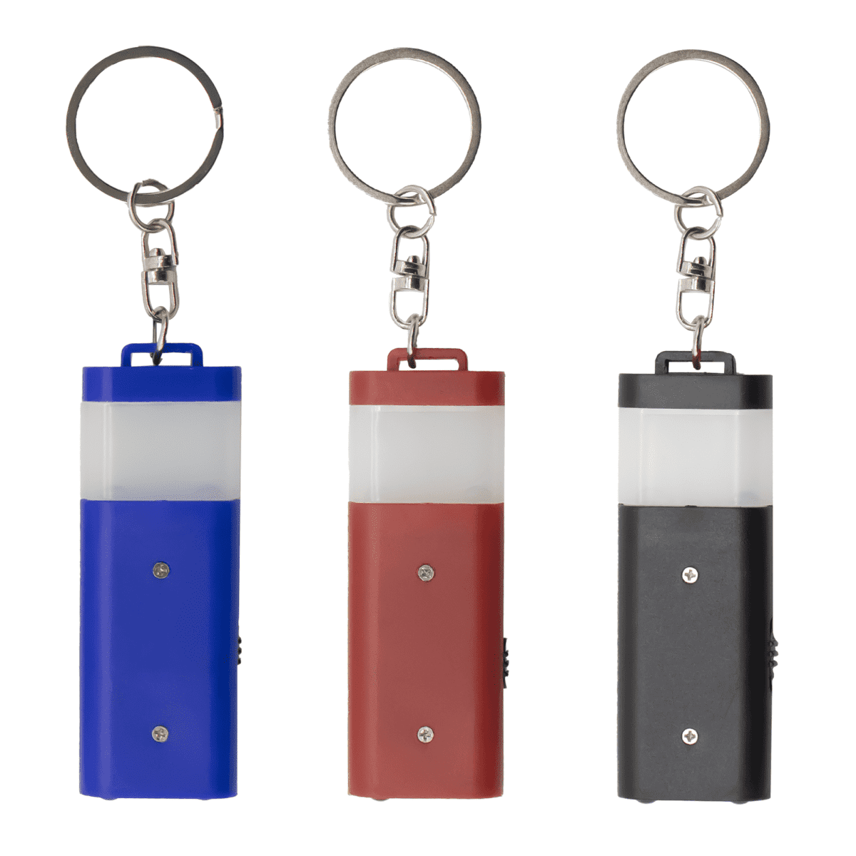 Three rectangular keychain flashlights in blue, red, and black are lined up vertically. Each has a metal key ring and a small button on the side, with a clear top section for the light.