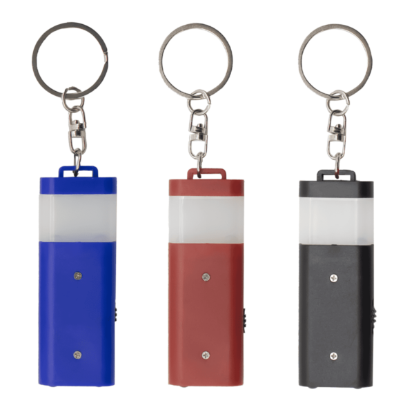 Three LED flashlight keychains in blue, red, and black. Each has a small, rectangular design with a metal keyring attached at the top and a white translucent light section at the upper part.