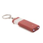 A red and white pocket flashlight keychain with two LED lights. It has a metal keyring attached, making it portable and easy to carry. The design is simple and compact.