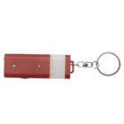 A small red rectangular flashlight keychain with a white lens and a silver key ring attached.